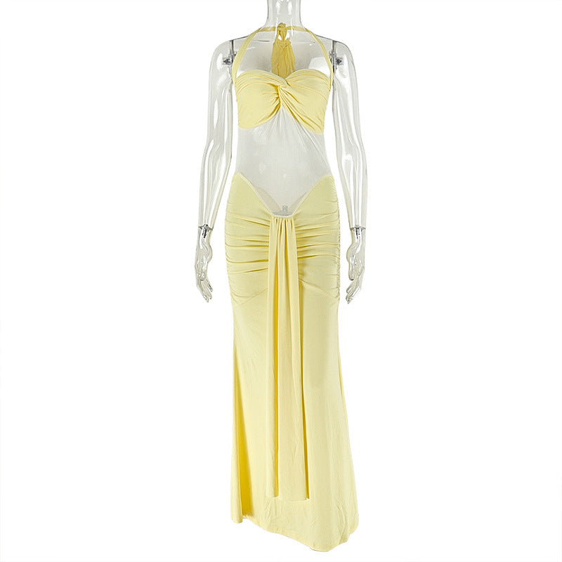 Fashion styleexport women's clothing slightly see-through strappy backlesspure color hip skirt halter pleated chest wrap silm long dress