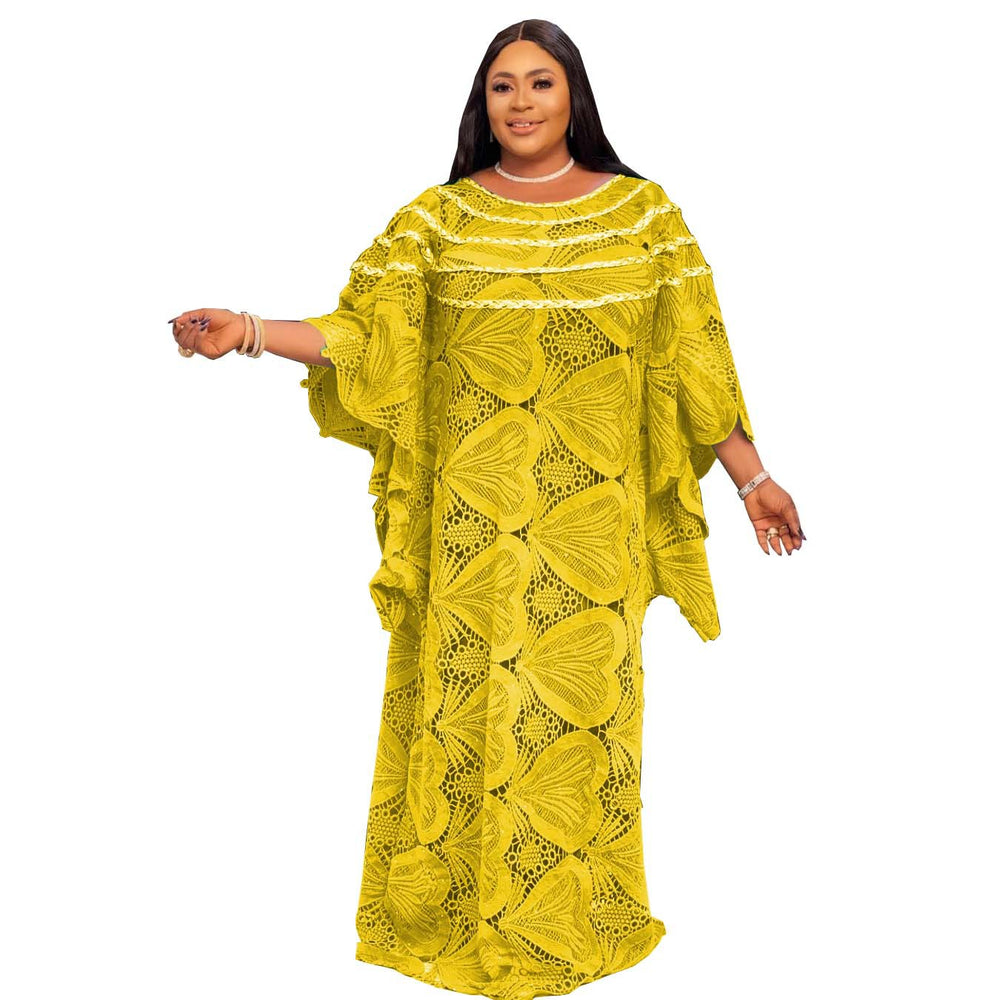 African women's robe cross-border supply loose green long dress subtle embroidery lace elegant commute maxi dress