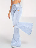 Fashionjeans women's ripped raw edge slightly flared high waist elastic silmslimming look retro washed flared pants spicy