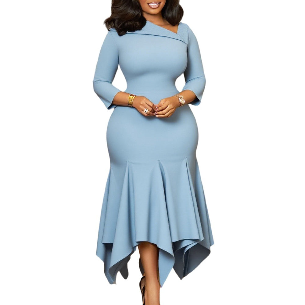 D594export women's clothing fall and winternew arrival slanted collar pure colorhigh waistasymmetrical mermaid dressol african dress