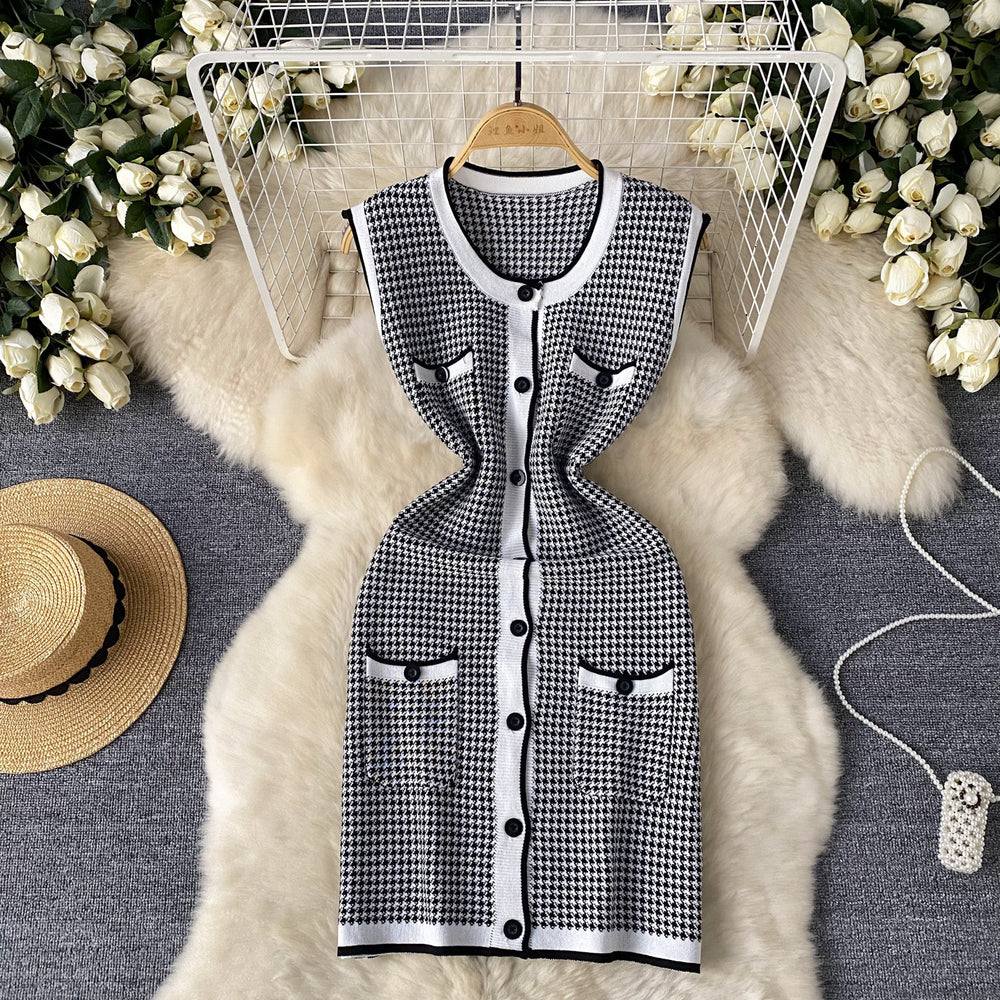Accessible luxury thousand gold wind sleeveless grids knittingdress women's waist slimming design classy unique chic skirt