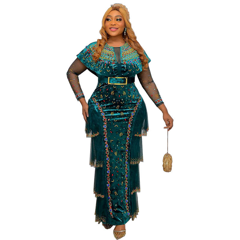 supply of luxury hot diamond beading round neck long sleeves dress gold velvet dress african fashion women's clothing