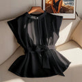 plus size french sleeveless top with stand collar, single button, chest pleat, tie waist, semi-sheer and flowy