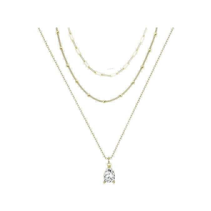 european and american popular simple style three-layer imitation pearl drop-shaped crystal pendant stacked necklace clavicle chain wholesale