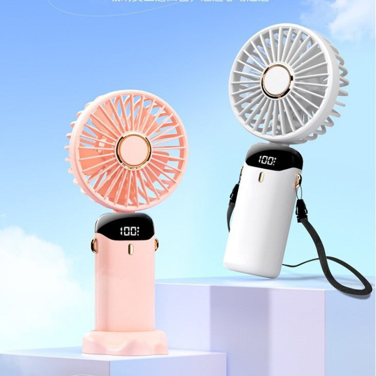 Customizable logo fan - portable handheld mini fan with 5-speed settings, silent operation, foldable design, digital display, rechargeable, and perfect for dorm use
