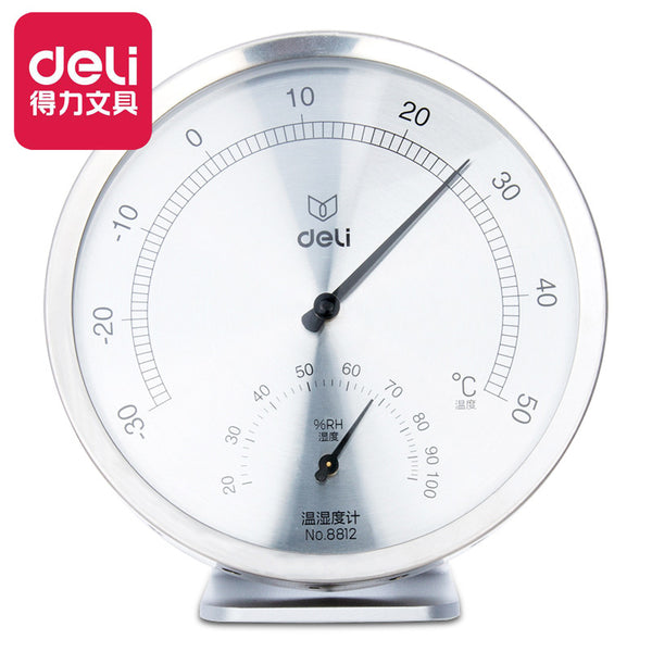 Deli 8812 Household Indoor Metal Stainless Steel Thermohygrometer Baby Room Greenhouse Industrial Factory Thermometer