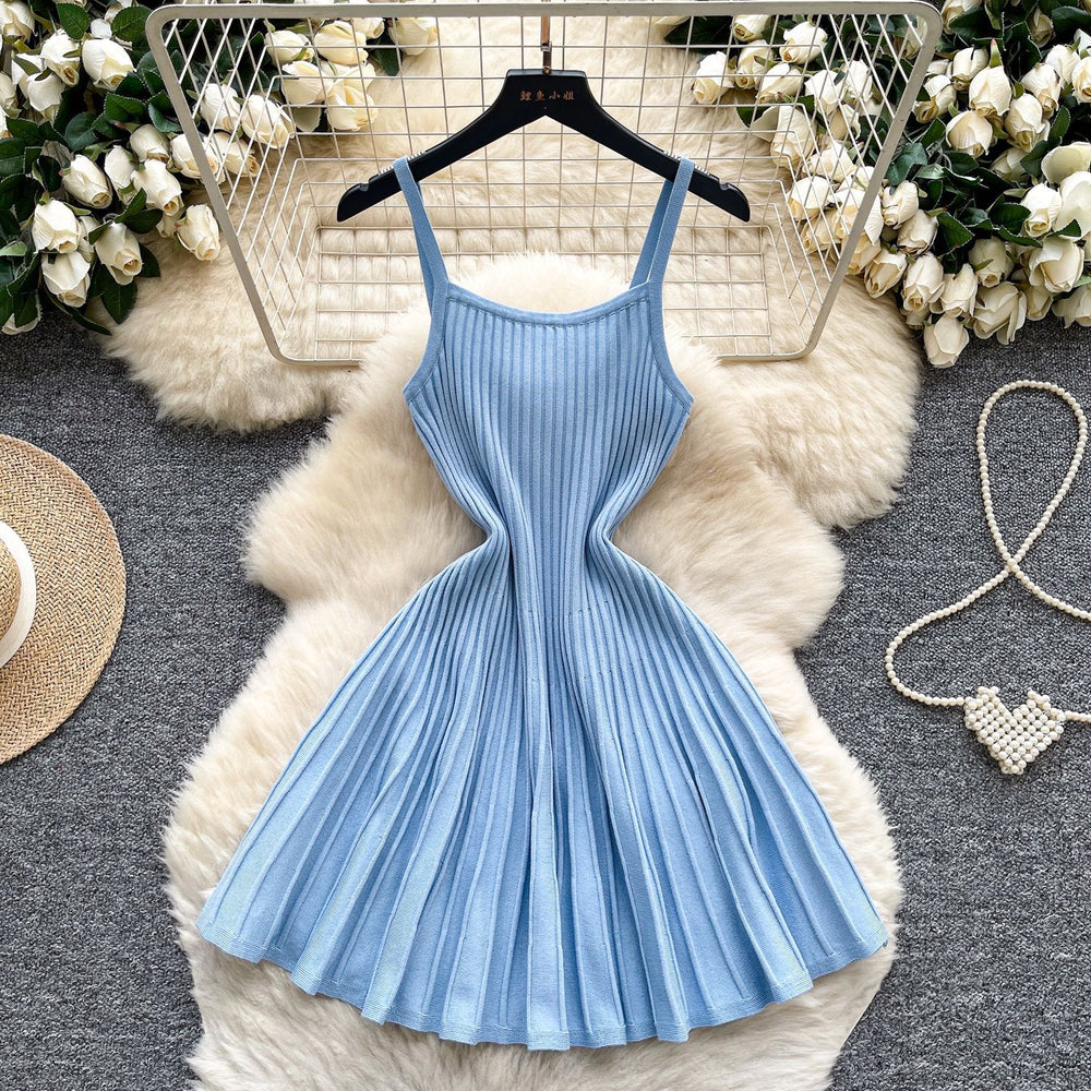 Elegant and chic camisole dress for women - autumn  collection: french retro, slimming, pleated, striped knit dress