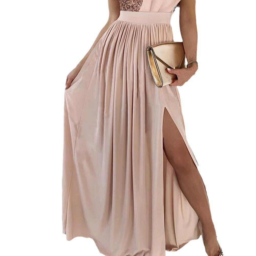 Y9338  cross-border summer new arrivals: european and american style fashionable elegant dress - sequin patchwork sleeveless gown