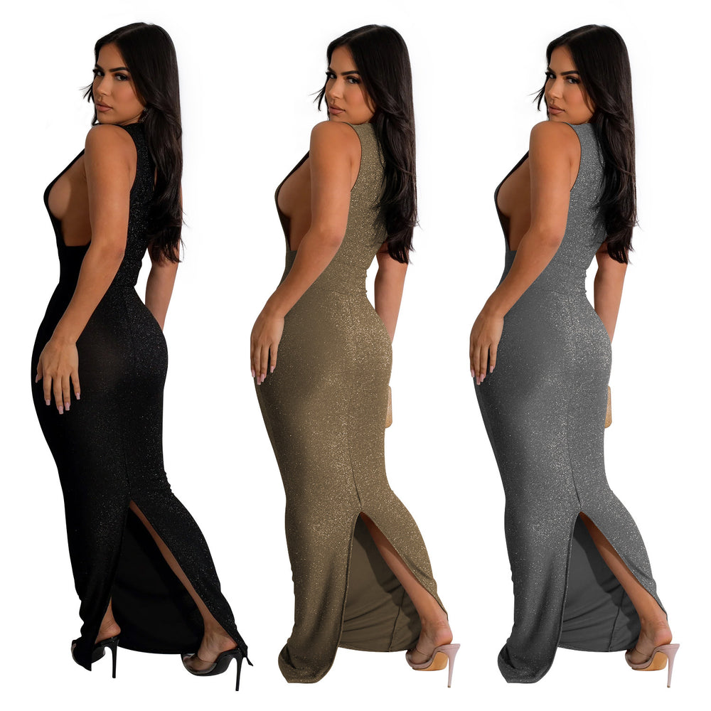 C6791 cross-border   fashion women's solid color round neck sleeveless slit maxi dress