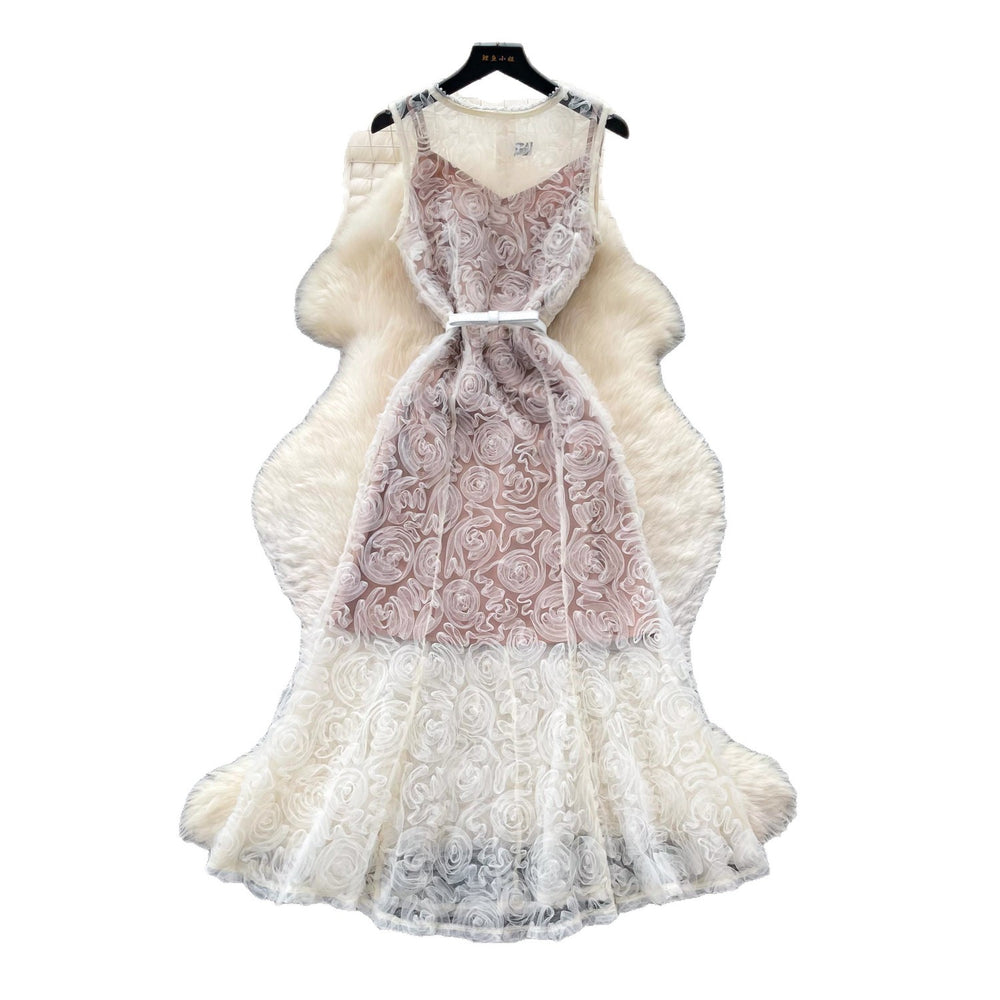 French romantic style heavy lace sleeveless dress - women's summer sheer slimming elegant long gown