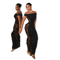 Fashionlacepatchworkfake two-piece see-throughtube toplongdressclassy evening dresselegant cross-border