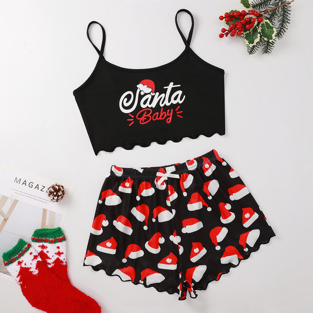 hot-selling christmas european and american style thin pajamas simple printed suspender milk silk shorts sexy two-piece set
