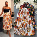 Export cross-border printing high waist a-line pleated skirt women's summerpleated skirt mid-length skirt work clothing holiday style