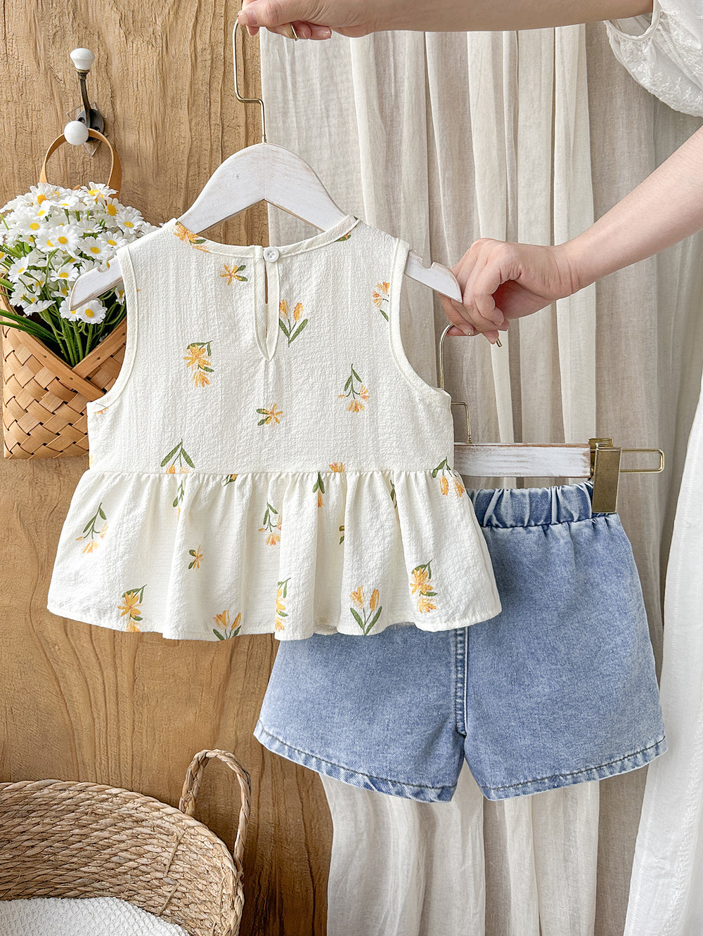 new cross-border girls' bubble plaid print bowknot top & embroidered denim pants two-piece set