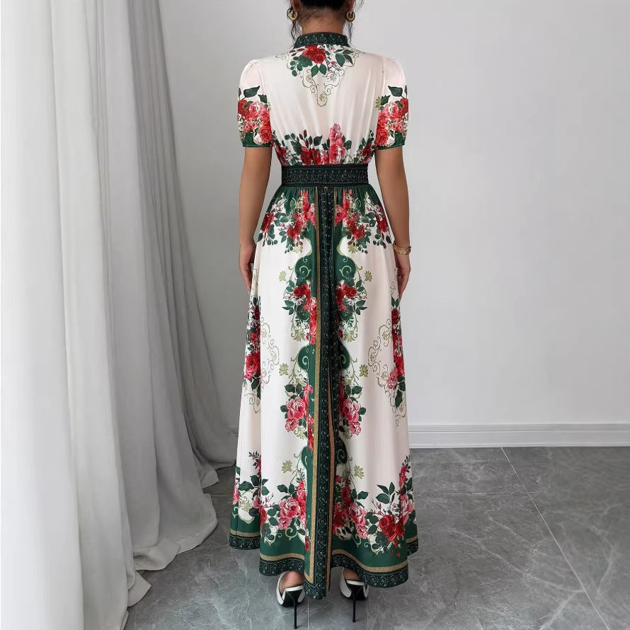 Vintage court style v-neck lantern sleeve printed dress - women's early spring korean style long sleeve cinched waist slimming a-line maxi dress
