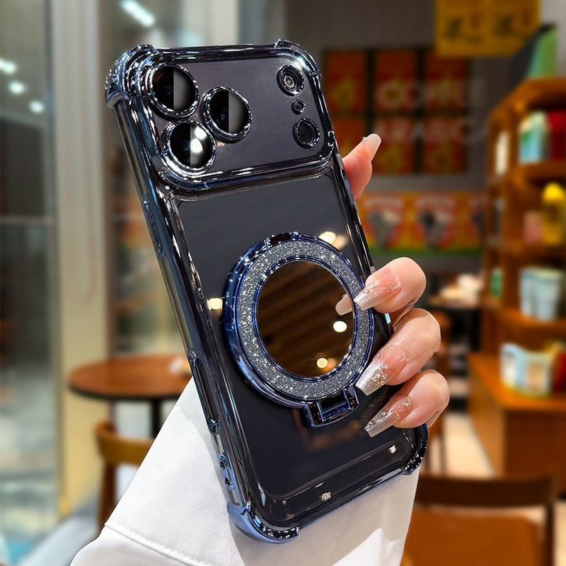 compatible iphone 17 pro phone case, electroplated, four-corner drop protection, mirror finish, magnetic stand, apple 15 full coverage