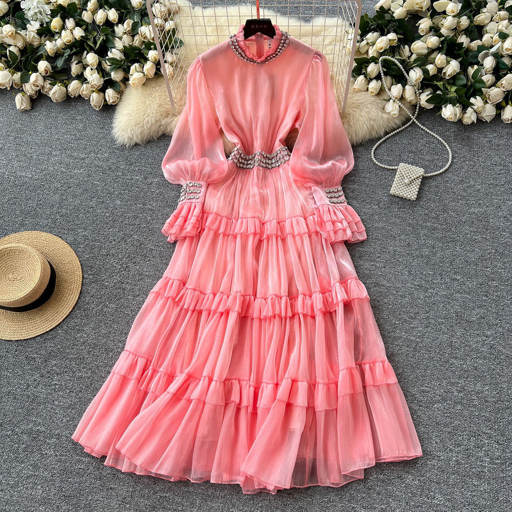 Elegant women's dress  new french style heavily embellished diamond-studded stand collar flared sleeve cinched waist ruffle hem maxi dress