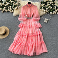 Elegant women's dress  new french style heavily embellished diamond-studded stand collar flared sleeve cinched waist ruffle hem maxi dress
