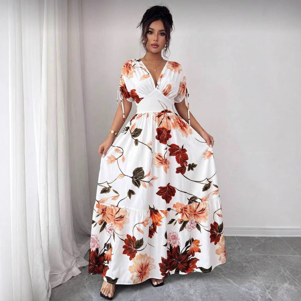 European and american cross-border  women's v-neck drawstring midi dress - summer print beach vacation travel maxi skirt