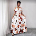 European and american cross-border  women's v-neck drawstring midi dress - summer print beach vacation travel maxi skirt