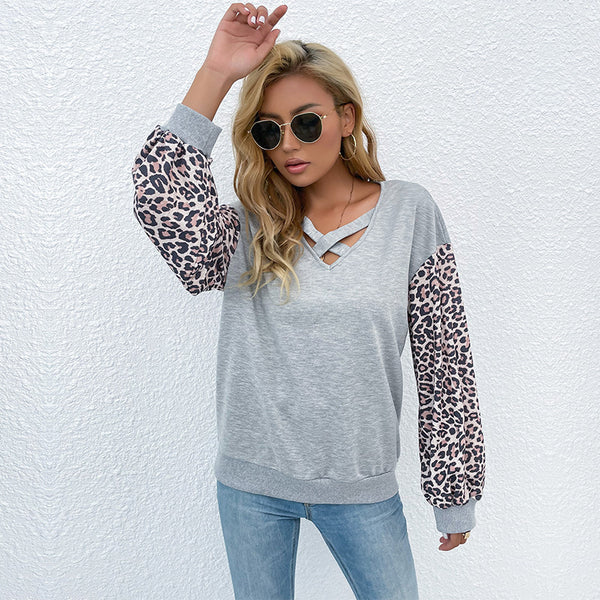 Independent Station Cross-border Foreign Trade Spring and Autumn New Bottom Leopard Print Splicing Medium and Long Sleeve T-Shirt Women's Top