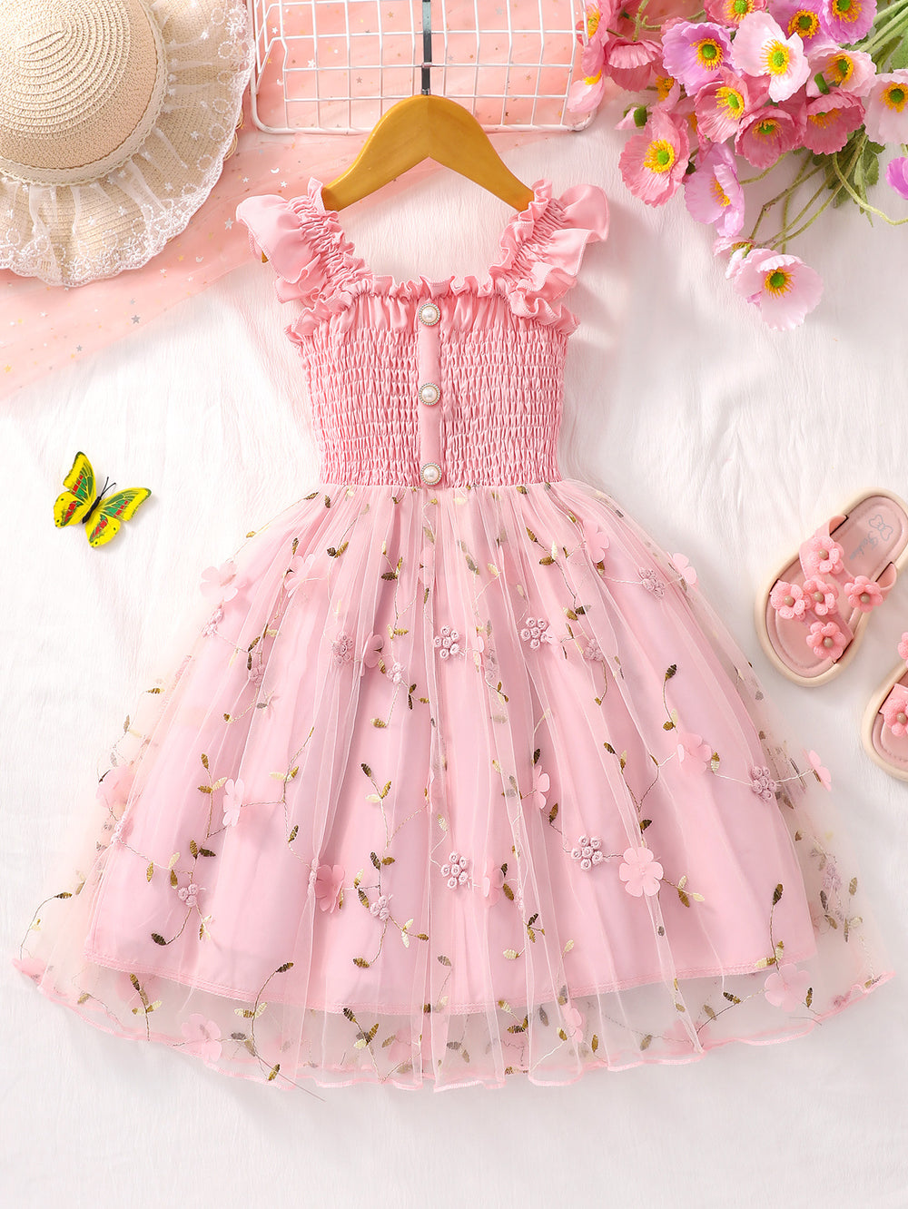 Girls' dress for toddlers and young children, ruffled cami top with mesh skirt