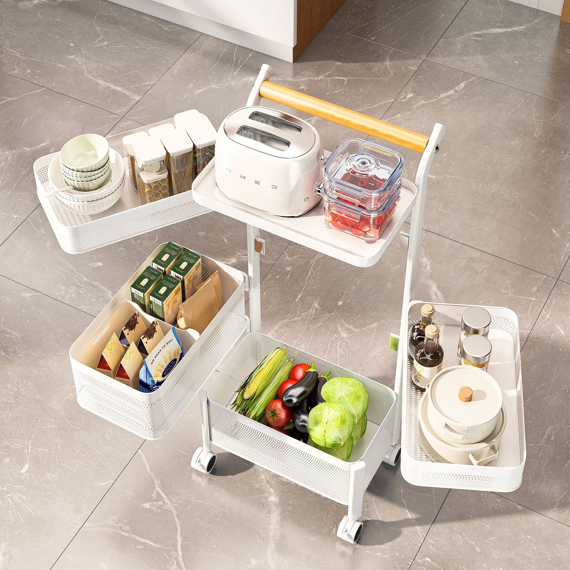 Strictly selected items, rotating floor rack, kitchen, living room, snack trolley, vegetable basket, mobile storage rack