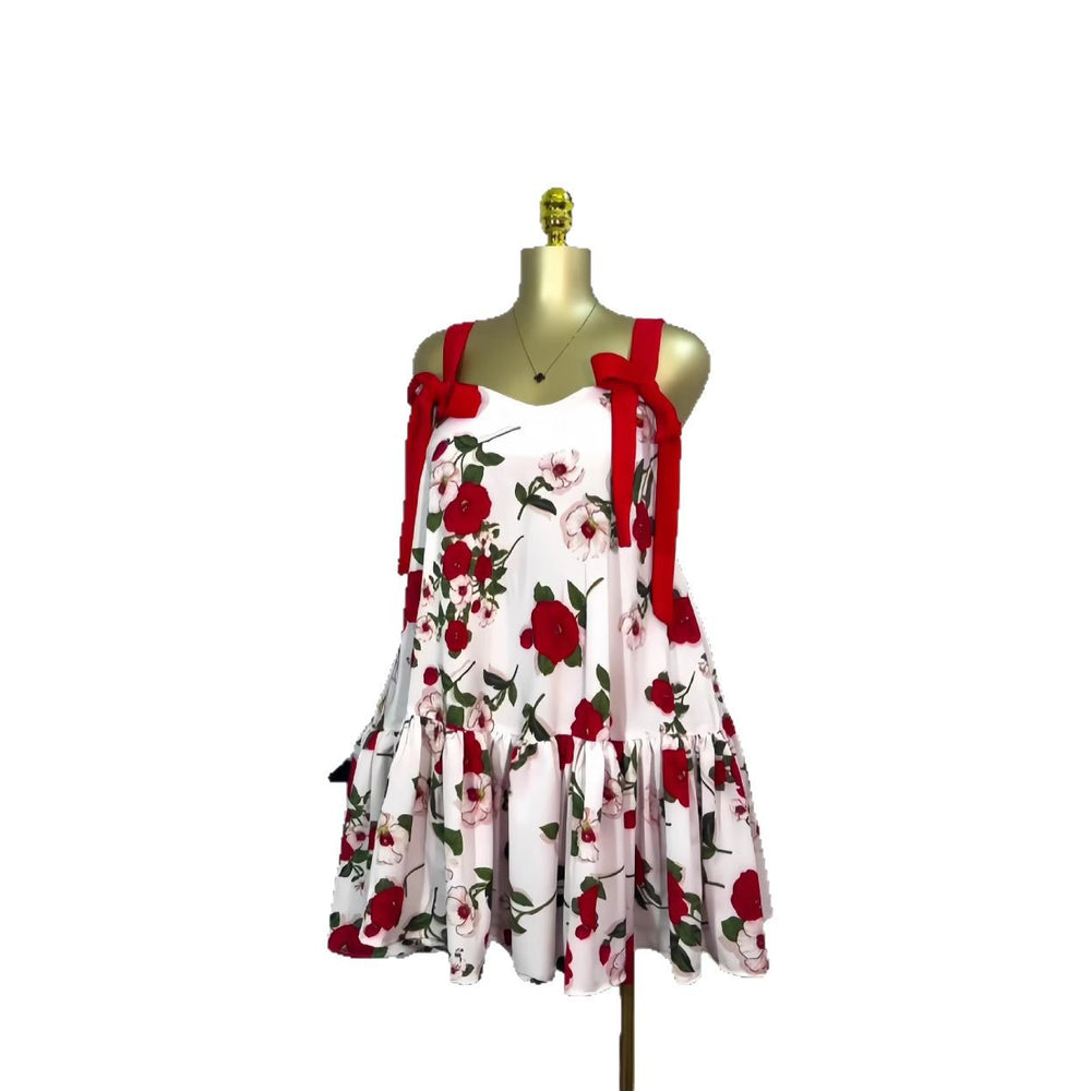 European and american cross-border women's fashion  spring new sleeveless printed double shoulder bow tie ruched mini dress
