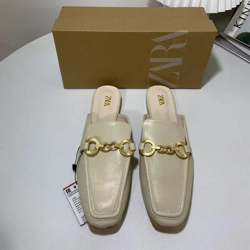 Za2024new arrivalsummerflats sandals women's metal chain shallow mouth square toe fashion baotou back hollow sandals women
