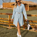 Fashion cross-border independent station  new retro washed denim loosecasual long-sleeved raw edge dress for women