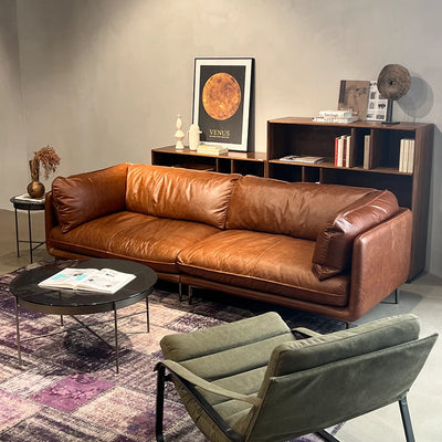 Factory direct genuine leather sofa - nordic & italian minimalist style - full top grain cowhide - vintage & retro oil wax leather sofa