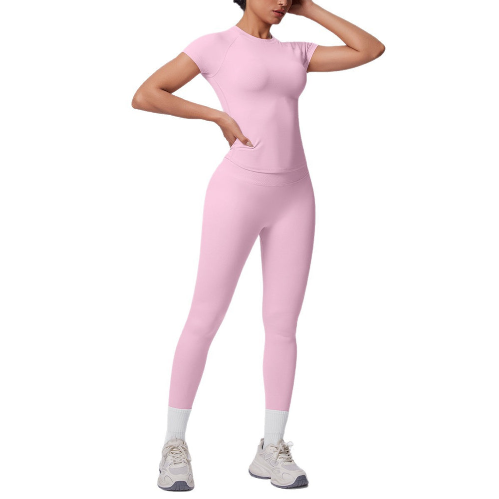 fashion seamless knittingpure color tight breathable long yoga suit sports running fitness two-piece set