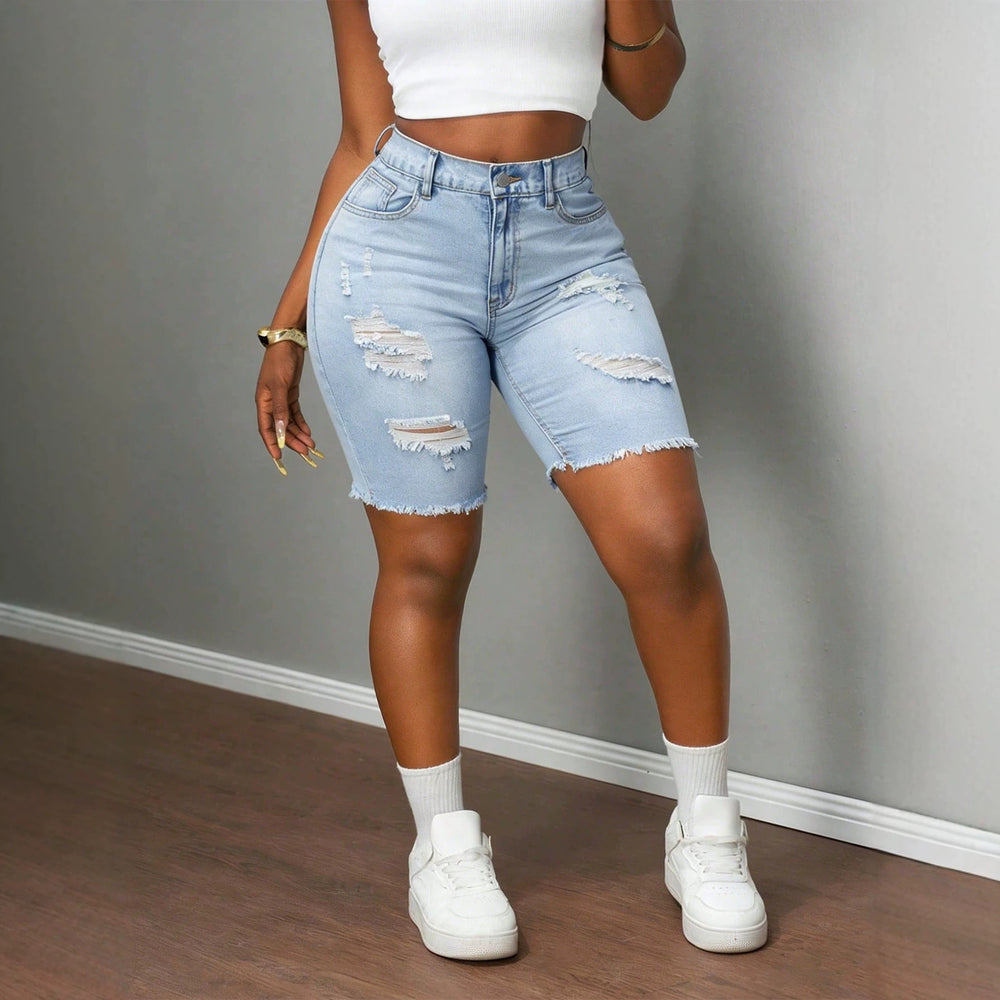 Fashionhigh waist ripped denim pants for women raw edgestraight-leg stretch half length pants silmslimming look hot girl style