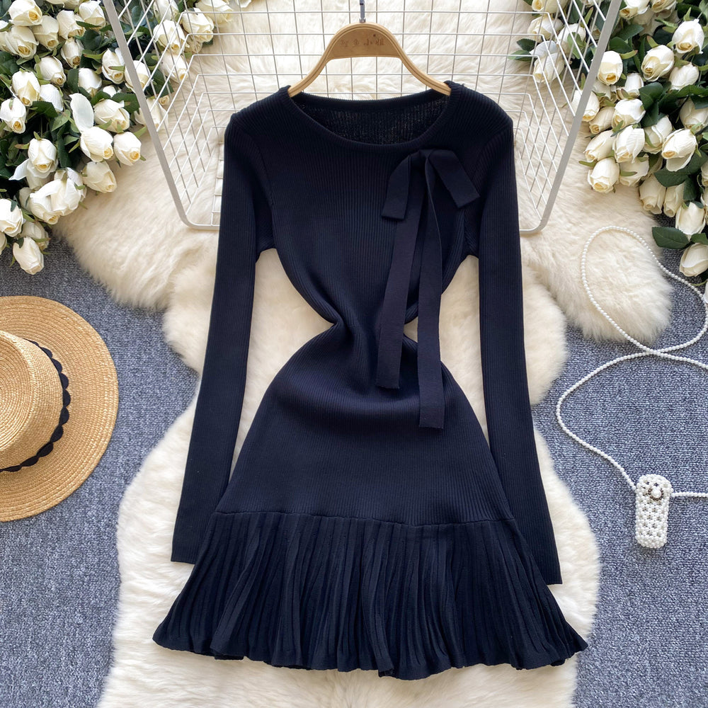 French chic knit dress - autumn/winter collection: bow accent, ruffle trim, unique design, elegant mini dress