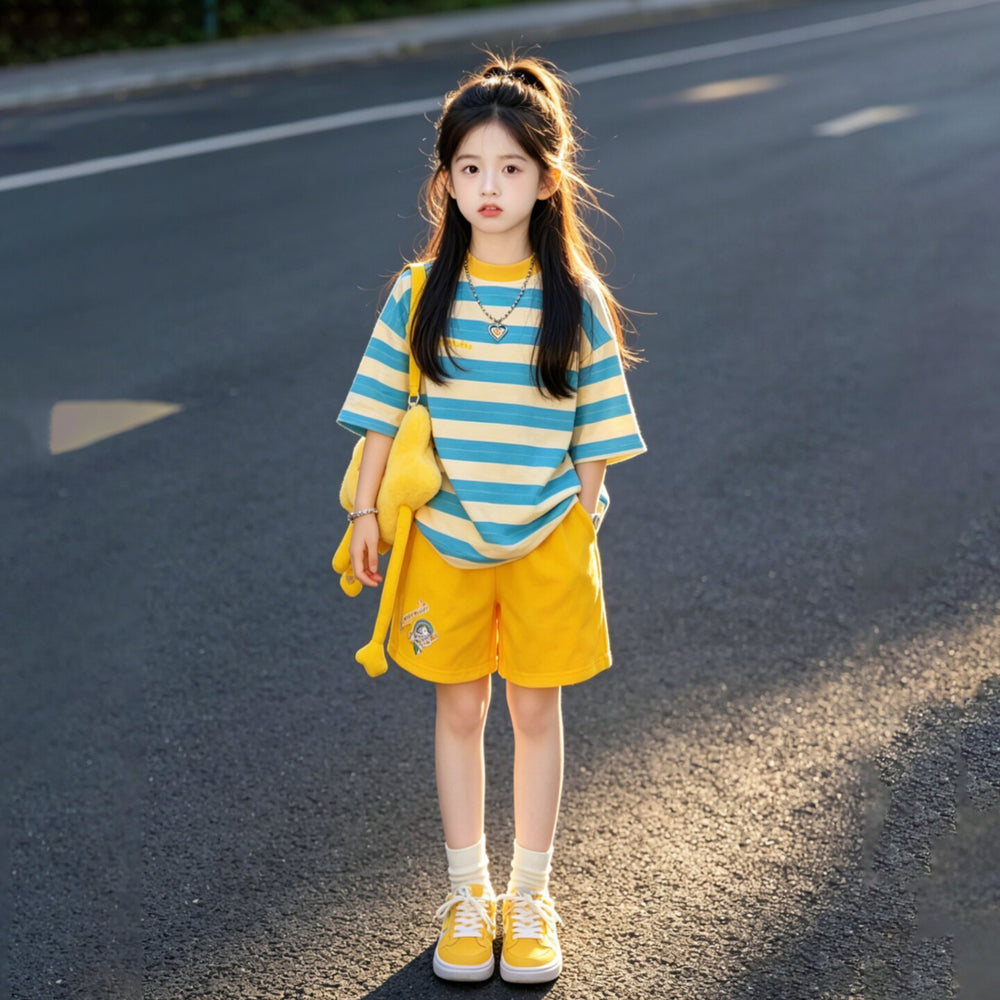 girls' dopamine dress set: trendy summer two-piece outfit - short sleeve top & shorts