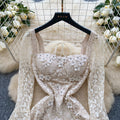 French chic, high-end, heavily embellished, 3d floral, square neck, flared sleeve, cinched waist, cutout lace dress - spring  collection