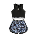 Girls' activewear set: black tank top with sporty letter webbing and leopard print shorts - perfect for summer!