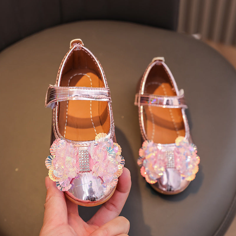 Girls'  spring new bowknot soft sole princess leather shoes for mid-to-large children - wholesale magic tape closure kids' shoes (direct from manufacturer)