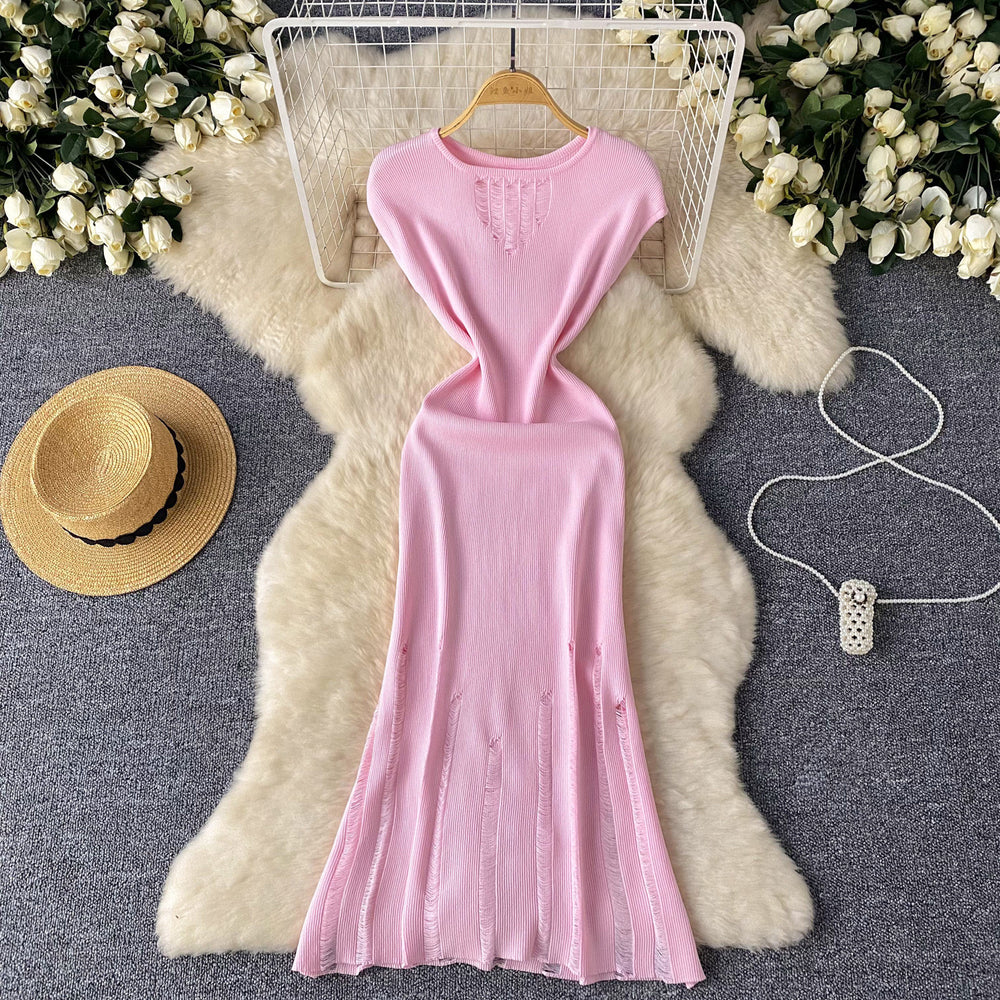 European and american style light luxury sleeveless knit dress - women's summer distressed design, unique and elegant maxi dress