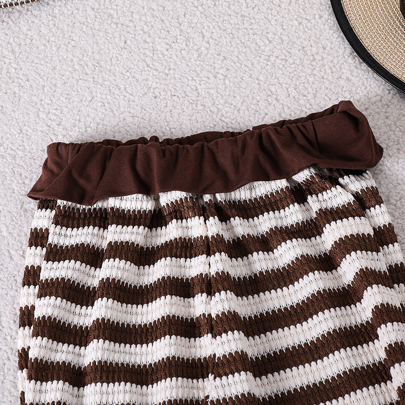 girls' big kids' outfit set,  summer european and american new style, children's fashion color block striped halter top and flare pants