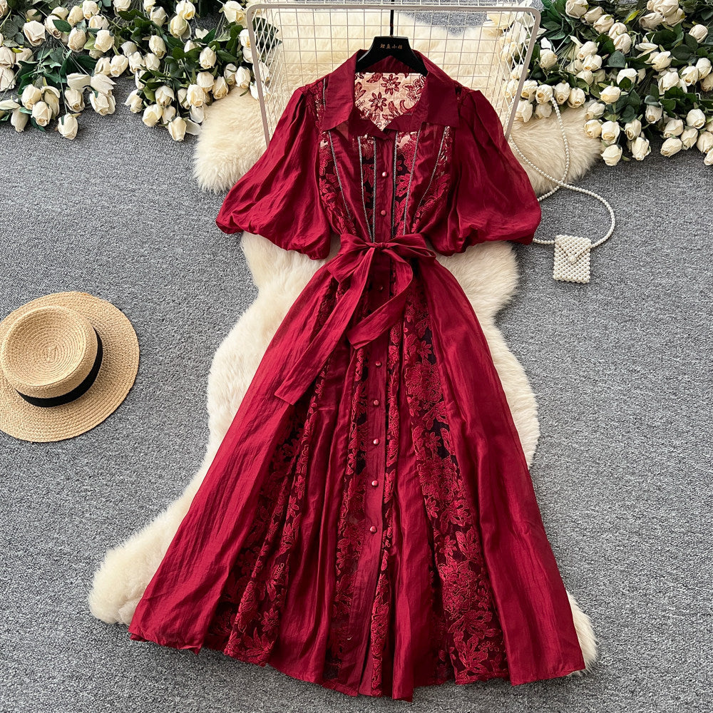 Accessible luxury style puff sleeve embroiderdress women's tie backk-style waist slimming lookclassyelegant large swing long skirt