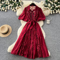 Accessible luxury style puff sleeve embroiderdress women's tie backk-style waist slimming lookclassyelegant large swing long skirt