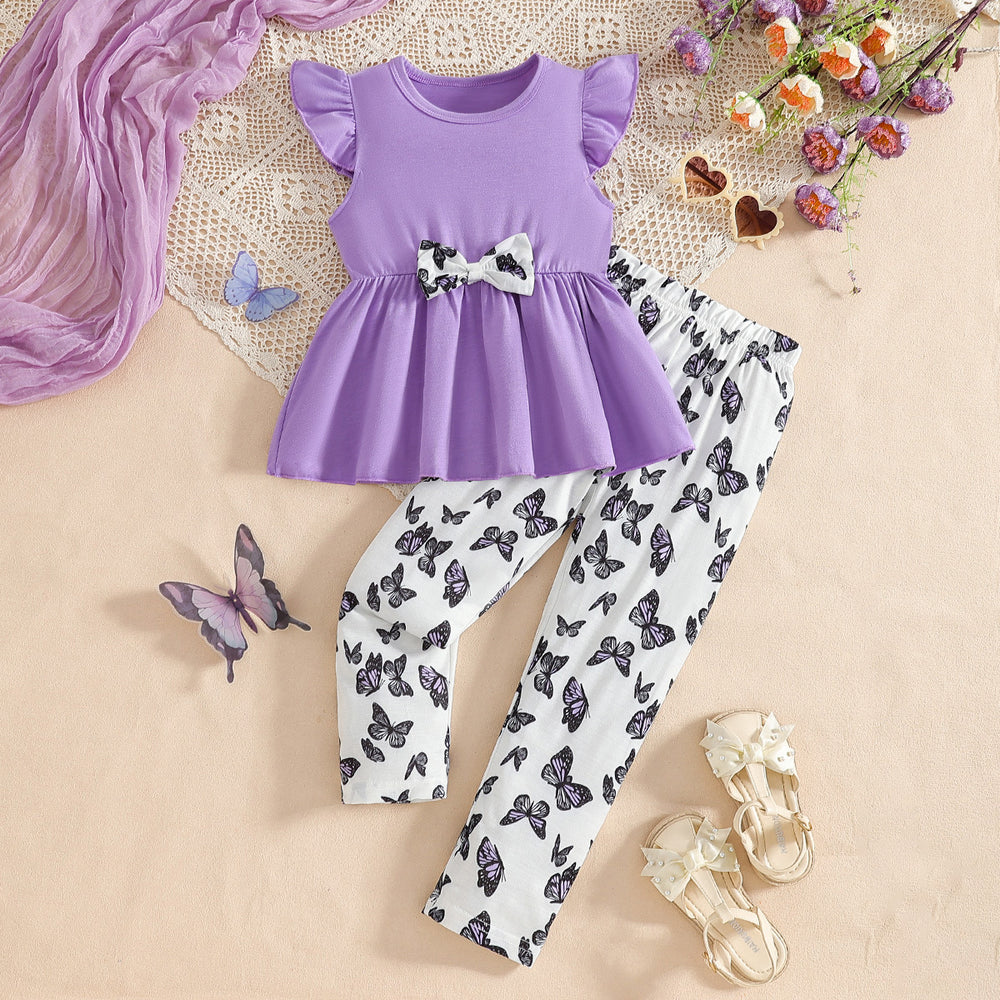 Girls' summer outfit set: purple flutter sleeve top with lace hem and butterfly print pants - two-piece set for kids