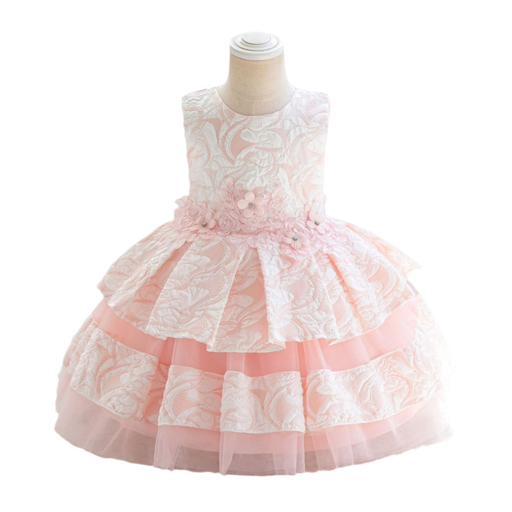Wholesale children's dresses for export: lace floral tiered princess dress, baby girl's first birthday dress, evening gown