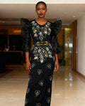 New fashion slim-fit african cross-border supply: rhinestone & beaded organza ruffle sleeve evening dress/gown