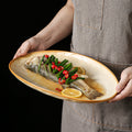 Retro stoneware oval ceramic long plate restaurant for home large capacity stylish fish plate sushi pastry dessert plate