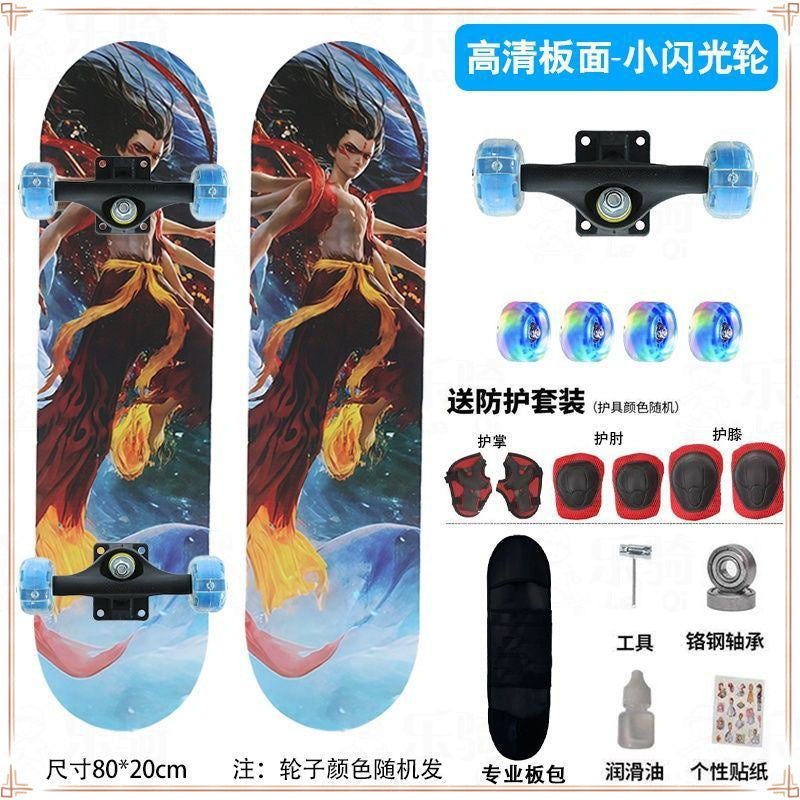 Nezha skateboard beginner children 6-12 years old adolescent adult professional four-wheel skateboard boys and girls flash skateboard