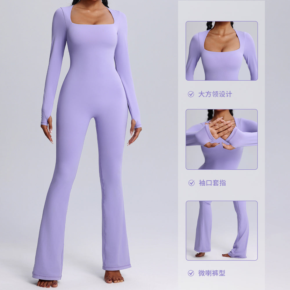 hot-selling one-piece yoga clothes personalizedfall and winter square neck long-sleeved fitness clothes women's dance training one-piece jumpsuit