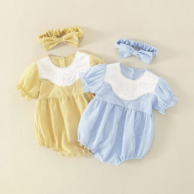 Infant summerk-style plaid girl baby jumpsuit, fashionable short-sleeved khaki new arrival, outdoor bag butt shirt