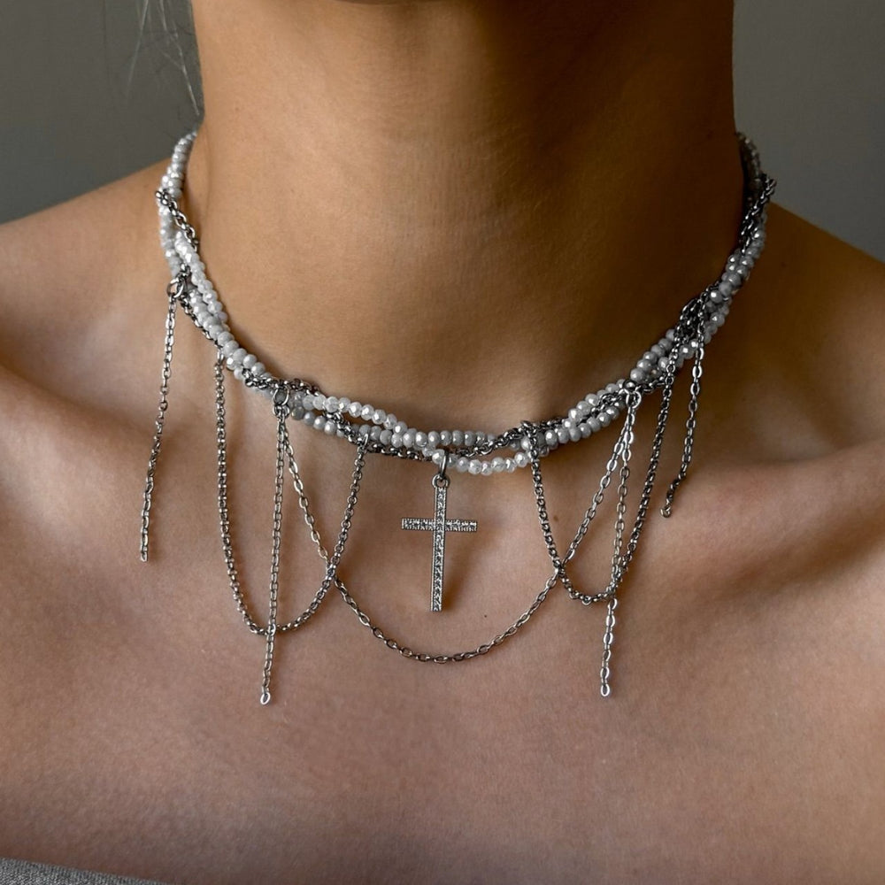 hot-selling tassel diamond-encrusted cross pendant necklace for women, niche hip-hop design, multi-layered wrapped collarbone chain